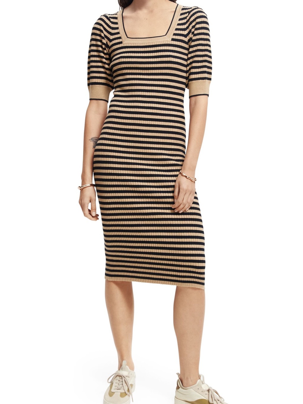 Scotch & Soda Beige and Black Striped Square-Neck Midi Dress